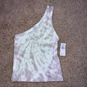 white and grey tie die off the shoulder tank top